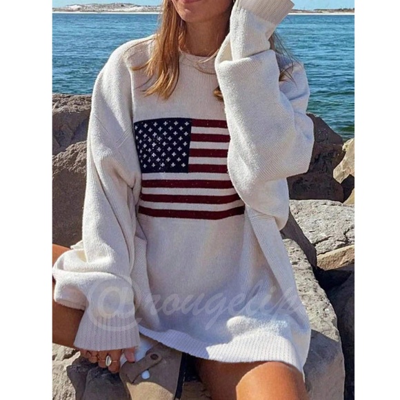 American Flag Knit Off White Pullover Sweater Crew Neck Long Sleeve - Picture 14 of 16